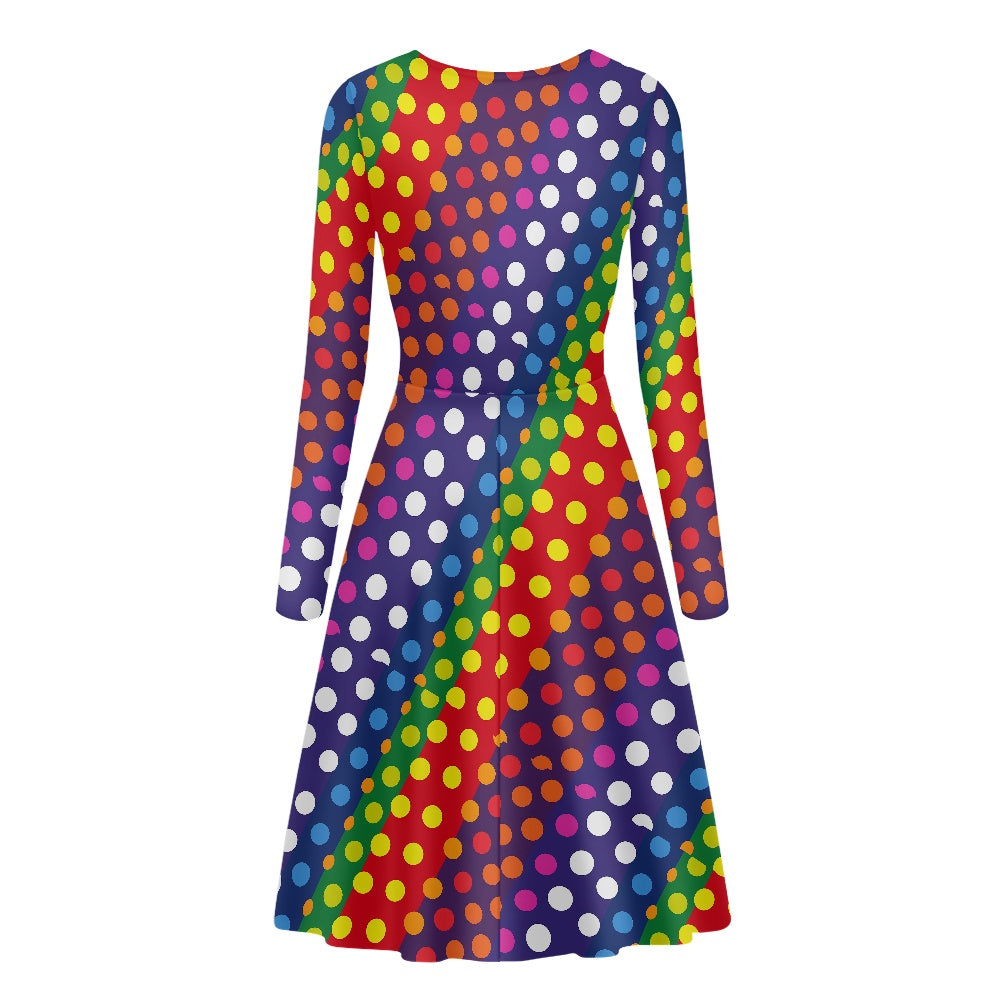 LGBTQ-Friendly Rainbow Polka Dot V-Neck Long Sleeve Ruffle Dress by Luxtrini