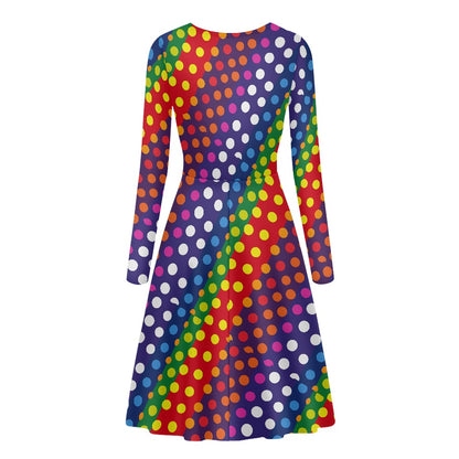 LGBTQ-Friendly Rainbow Polka Dot V-Neck Long Sleeve Ruffle Dress by Luxtrini