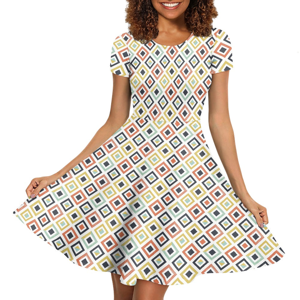Multicolored Diamonds Women Scoop Neck Short Sleeve Ruffle Dress