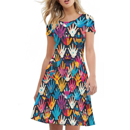 Women Scoop Neck Short Sleeve Ruffle Dress