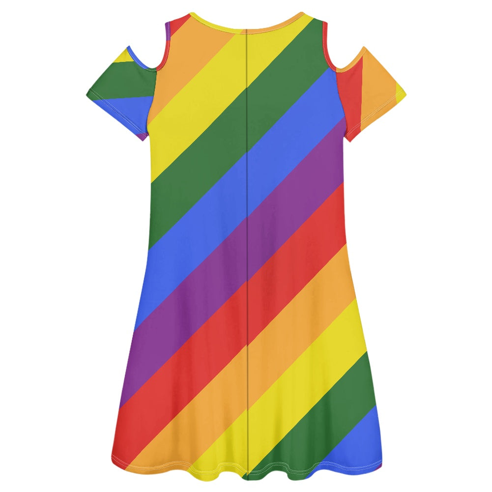 Rainbow Cold shoulder dress with a round neckline