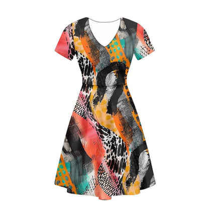 Abstract Animal Skin Women V-Neck Short Sleeve Ruffle Dress white