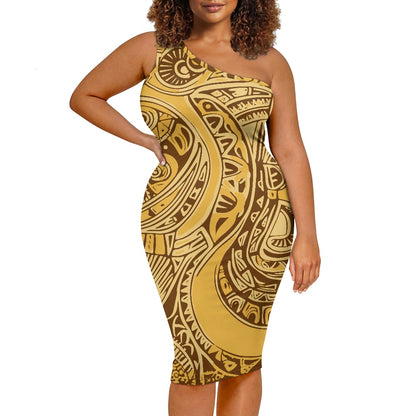 Discover Elegance: Luxtrini's One-Shoulder Slim Dress - Ethnic Gold