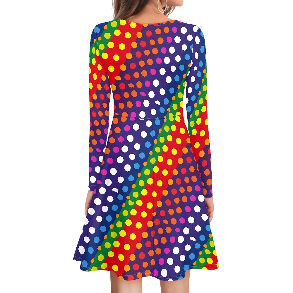 LGBTQ-Friendly Rainbow Polka Dot V-Neck Long Sleeve Ruffle Dress by Luxtrini