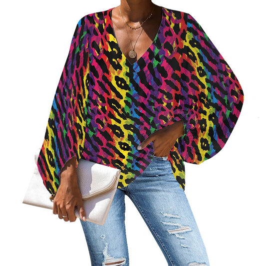 V-Neck Chiffon Puff Sleeve Blouse by Luxtrini 4XL