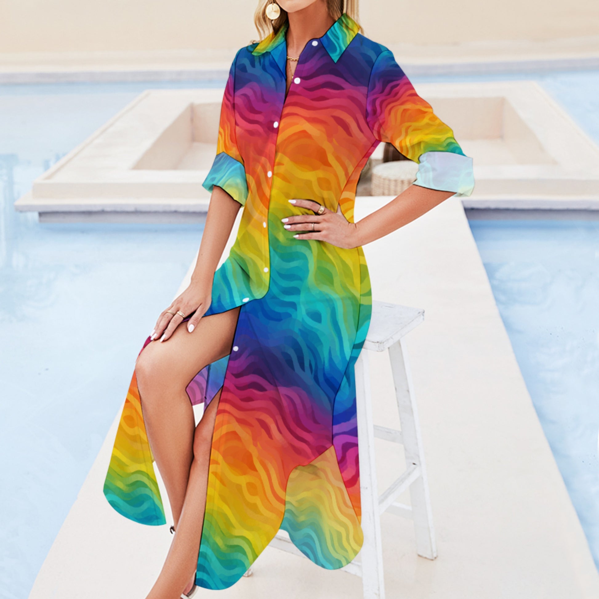 Rainbow Wave Midi Shirt Dress – Bold Abstract Print Long Sleeve Button Down Dress, Lightweight &amp; Flowy for Work, Travel, and Everyday Style