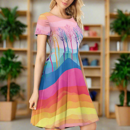 Rainbow Nature Scenic Women Scoop Neck Short Sleeve Ruffle Dress