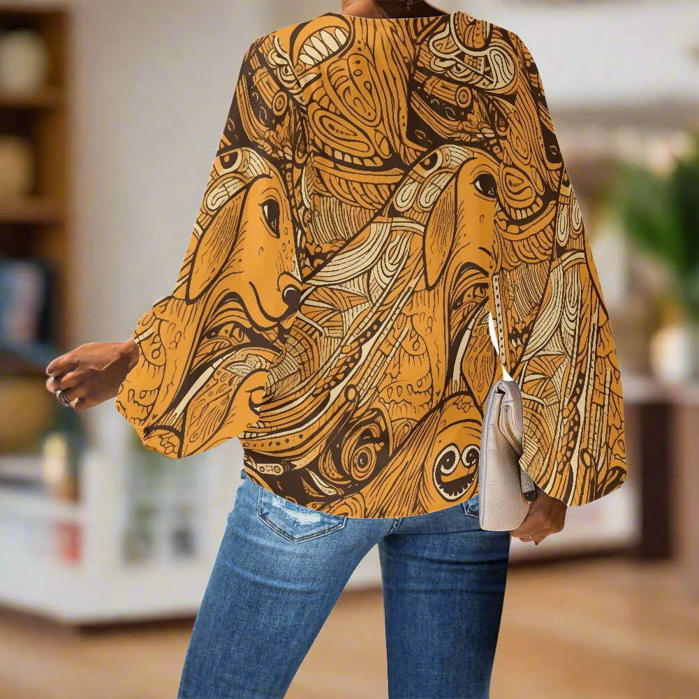 African Ethnic Dog pattern V-Neck Chiffon Puff Sleeve Blouse by Luxtrini