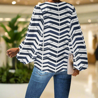 Black and White ZigZag V-Neck Chiffon Puff Sleeve Blouse by Luxtrini