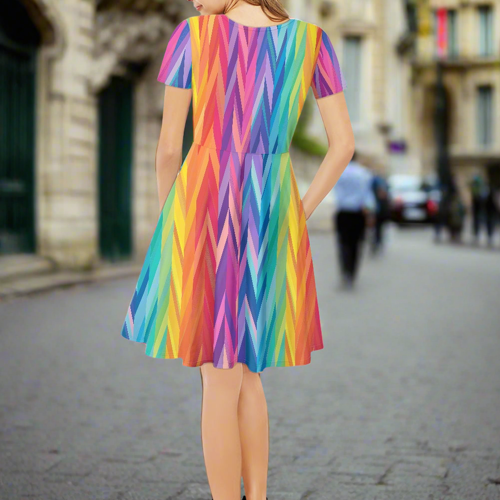 Rainbow Chevrons Women V-Neck Short Sleeve Ruffle Dress