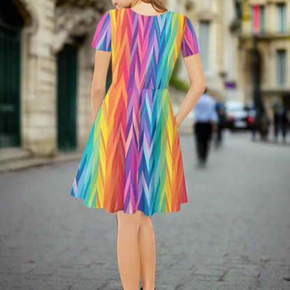 Rainbow Chevrons Women V-Neck Short Sleeve Ruffle Dress