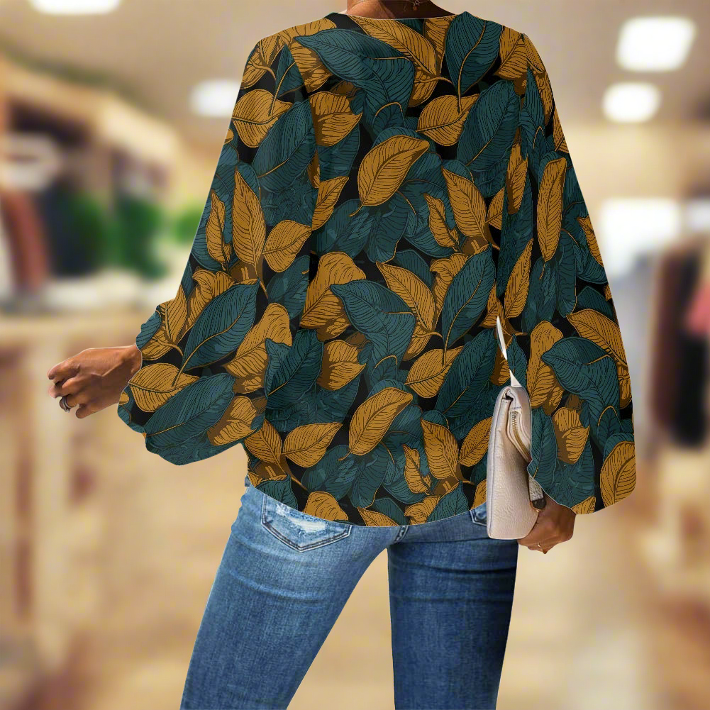Brown and Green Leave pattern V-Neck Chiffon Puff Sleeve Blouse by Luxtrini