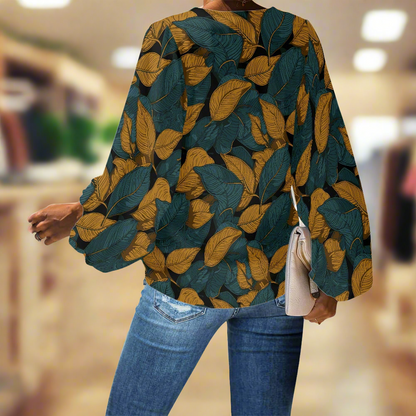Brown and Green Leave pattern V-Neck Chiffon Puff Sleeve Blouse by Luxtrini