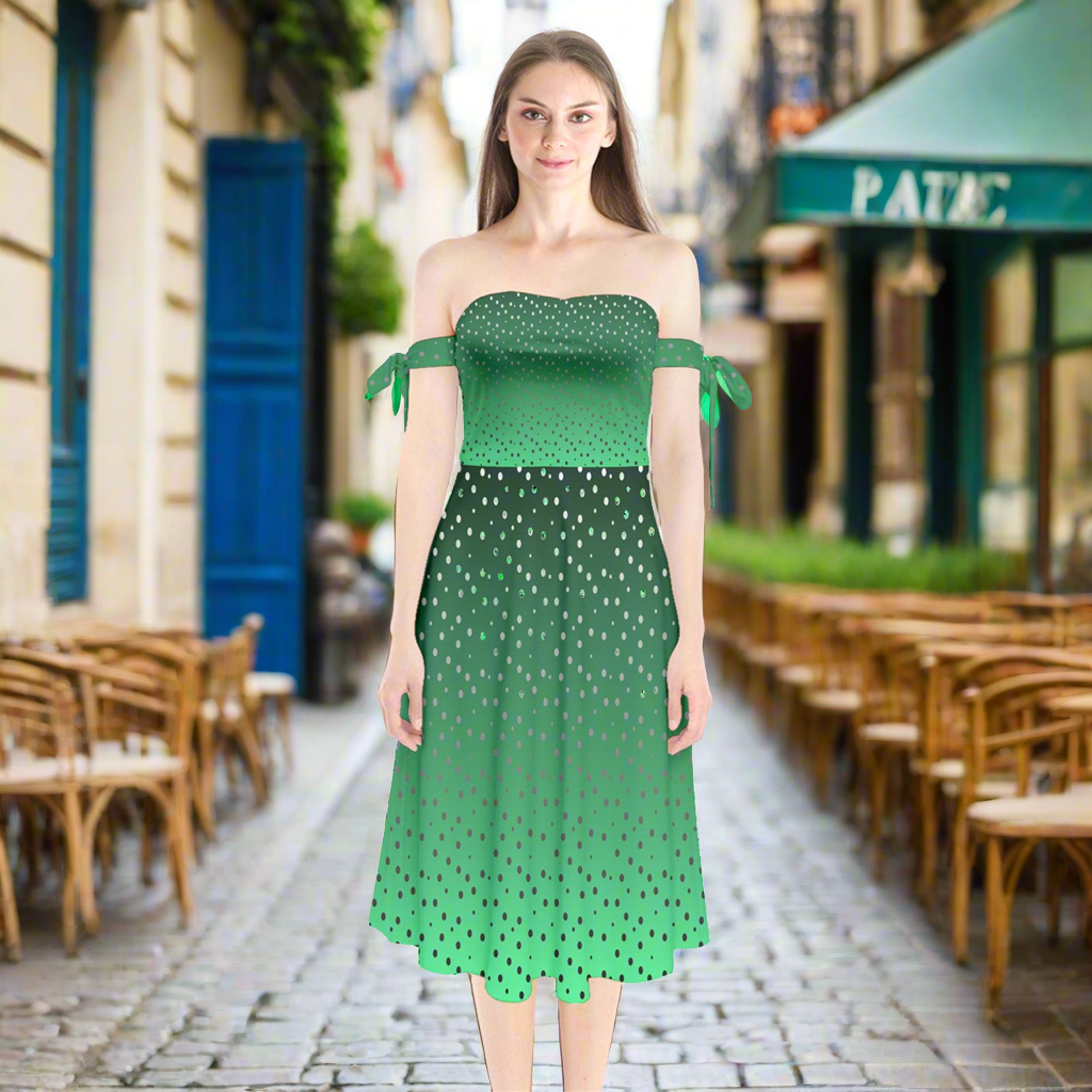 Green Gradient Shoulder Tie Bardot Midi Dress