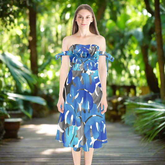 Shoulder Tie Bardot Midi Dress Tropical Blues Leaves by Luxtrini