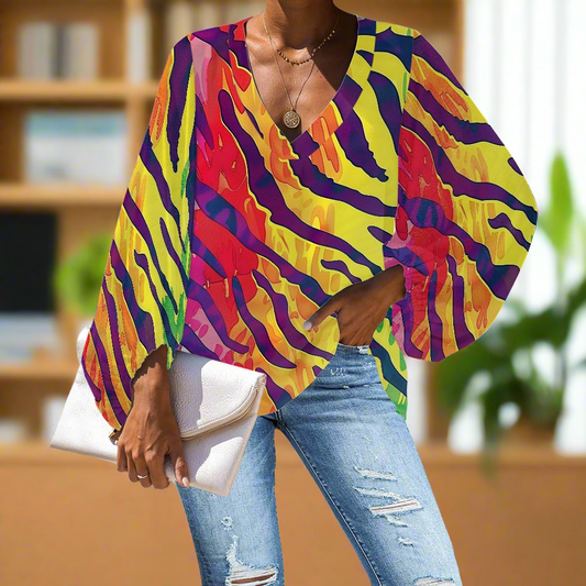 Rainbow Animal Print V-Neck Chiffon Puff Sleeve Blouse by Luxtrini