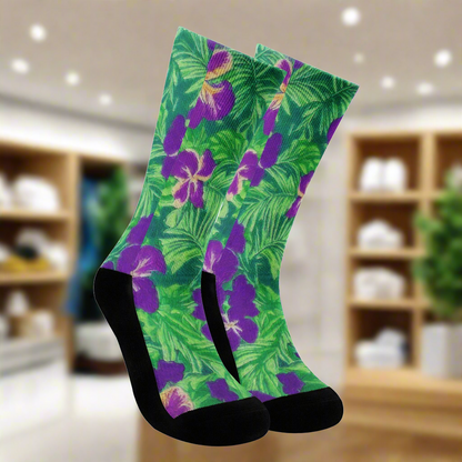 Blue Flag Iris on Green Crew Socks