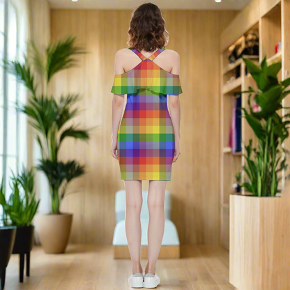 Rainbow Plaid Shoulder Frill Bodycon Summer Dress