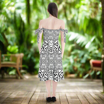 Shoulder Tie Bardot Midi Dress Hawaiian Tribal by Luxtrini