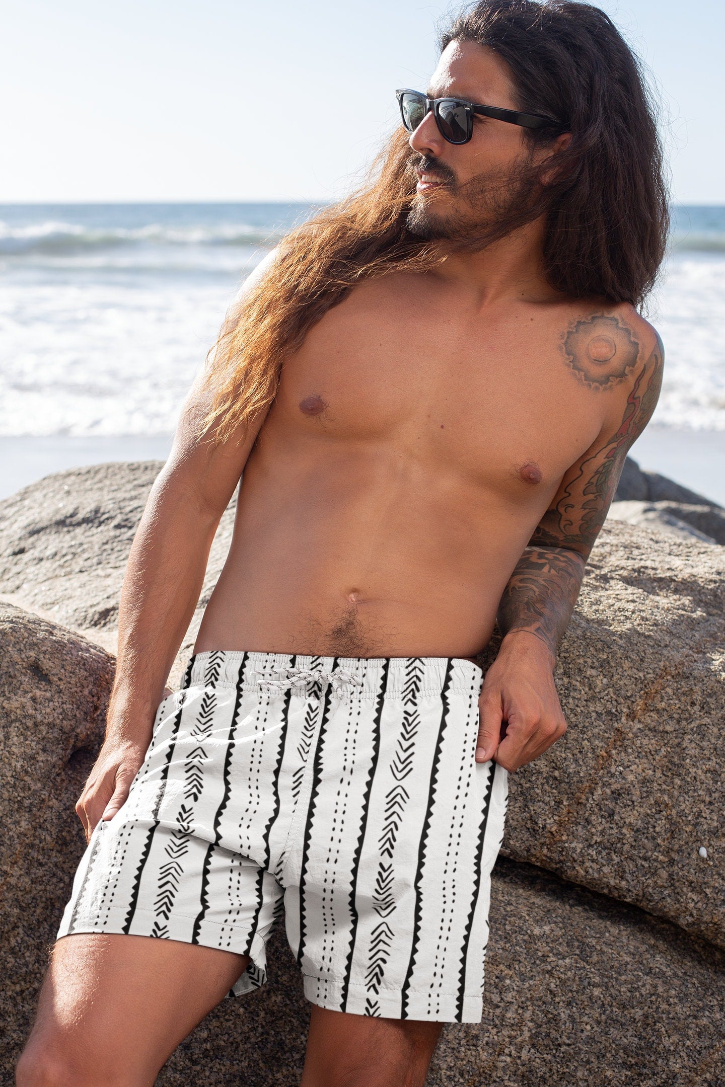 Mudcloth Pattern Men’s Board Shorts - Size S to 4XL - Premium Polyester with Adjustable Drawstring