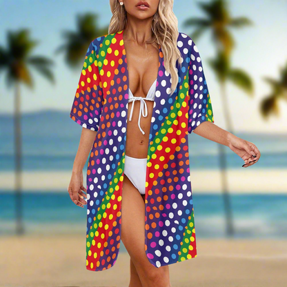 LGBTQ-Friendly Rainbow Polka Dot Versatile Three-Quarter Sleeve Kimono Cover-Up for Beach or Casual Wear by Luxtrini