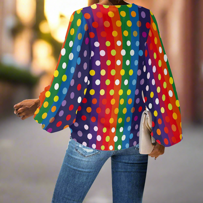 Polka Dots on Rainbow Stripes V-Neck Chiffon Puff Sleeve Blouse – LGBTQ+ Polka Dot Pattern by Luxtrini