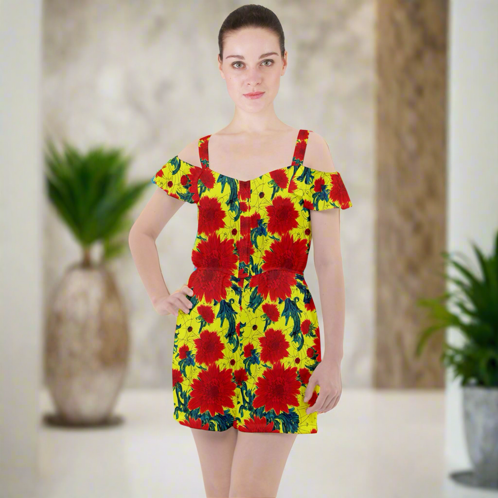 Red Flowers on Yellow Ruffle Cut Out Chiffon Playsuit