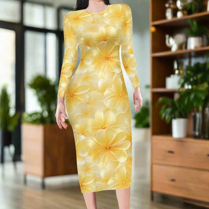 Yellow Plumeria Women Bodycon Midi Sheath Dress