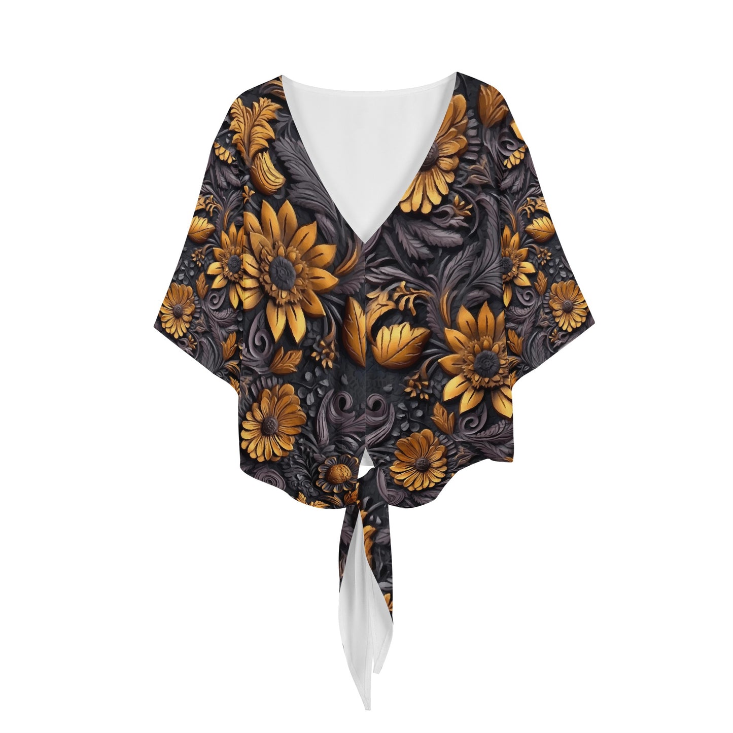 Gold Flowers Woodcut Women V-neck Streamers Blouse Women