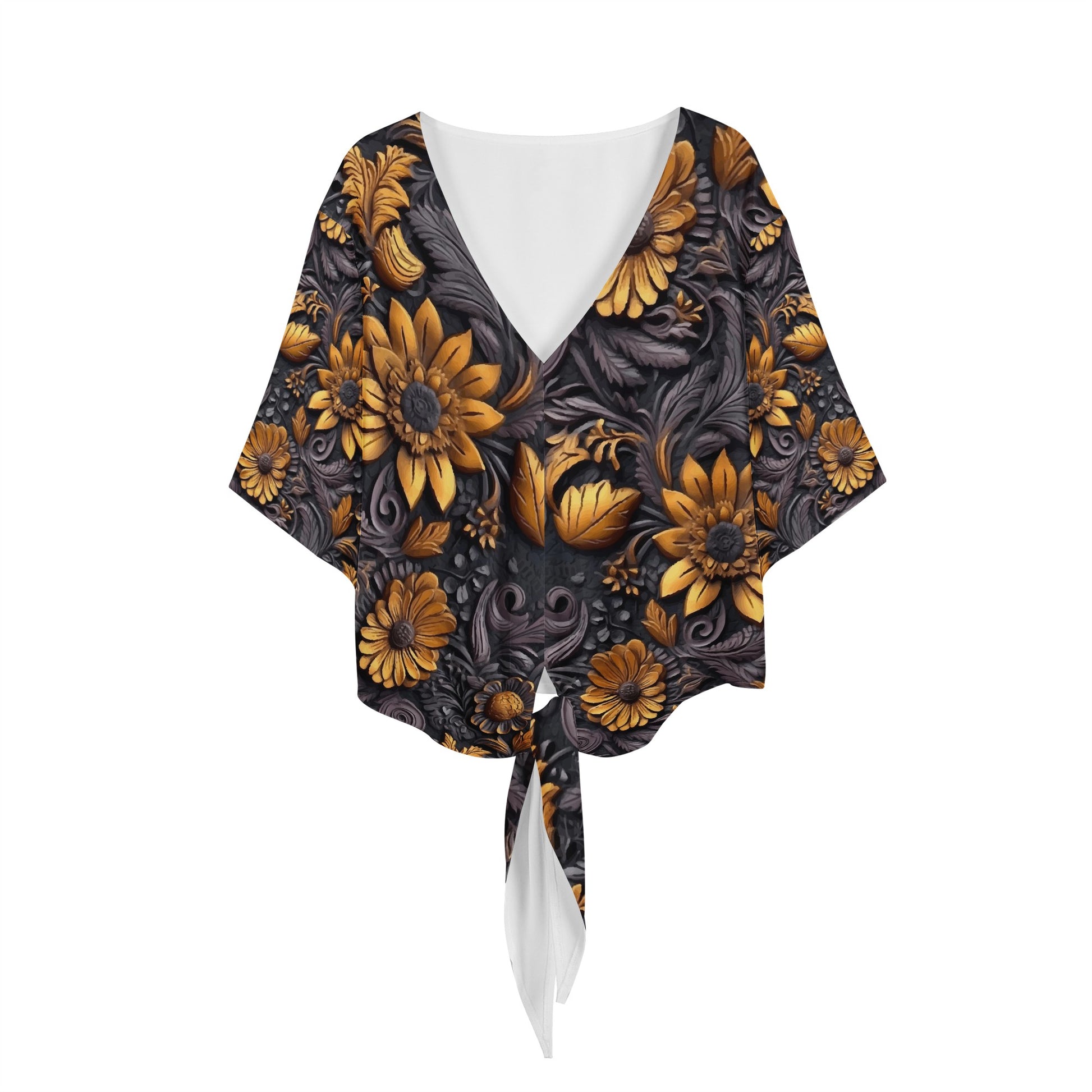 Gold Flowers Woodcut Women V-neck Streamers Blouse Women