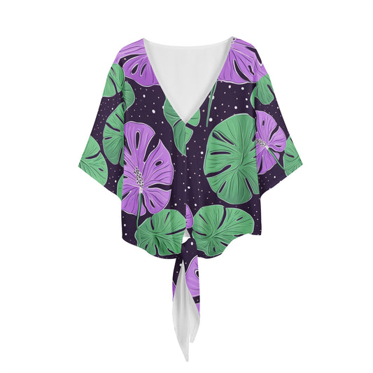 Monster Leaves on Starry Black Women V-neck Streamers Blouse