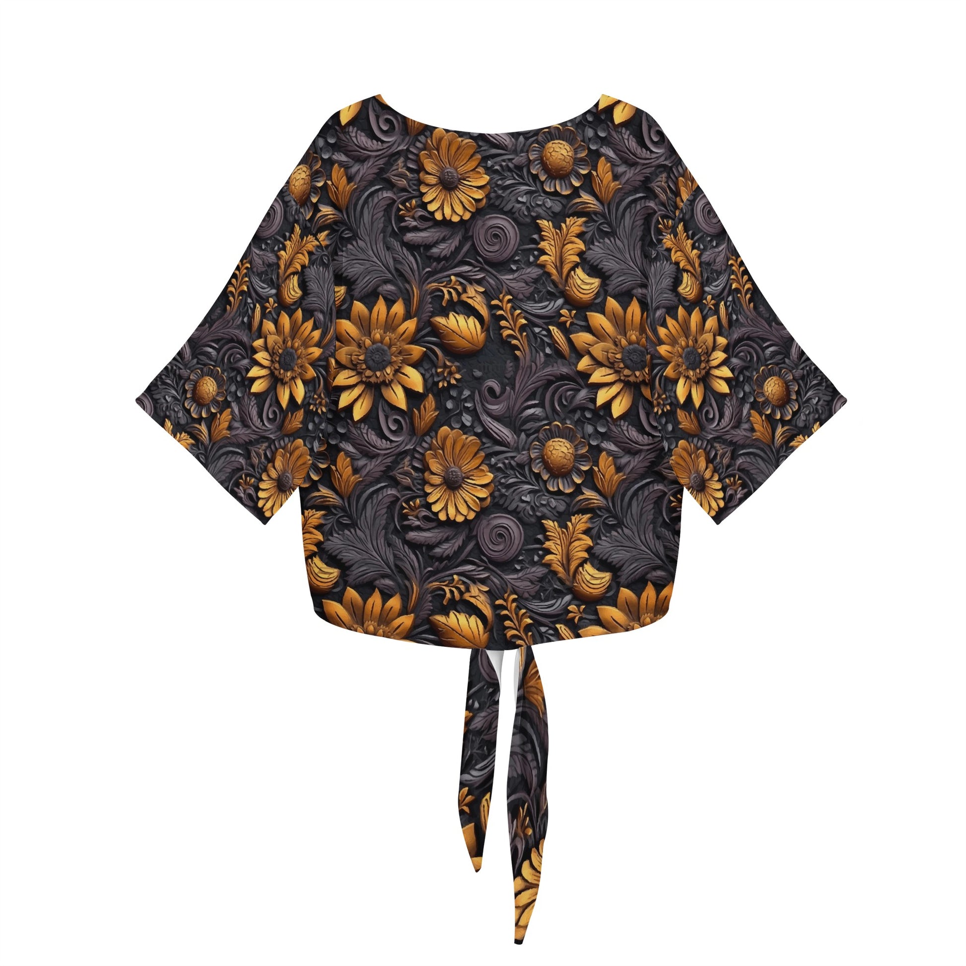 Gold Flowers Woodcut Women V-neck Streamers Blouse