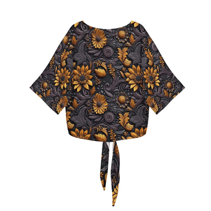 Gold Flowers Woodcut Women V-neck Streamers Blouse