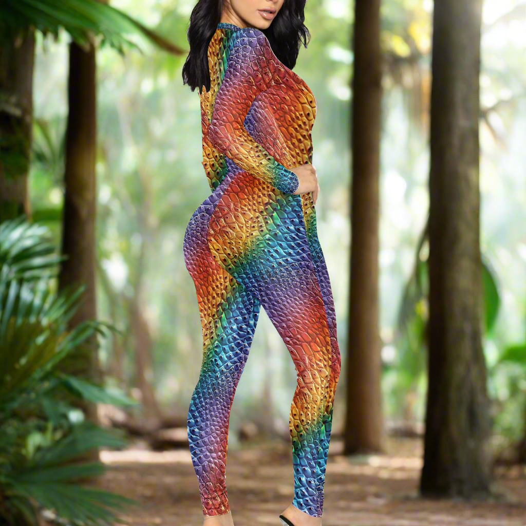 Unique Ostrich Skin pattern Rainbow Pride Women's Plunging Neck Jumpsuit