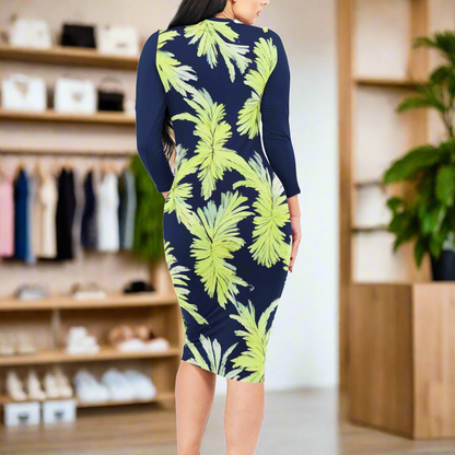 Palm Fronds - Lime Green and Black Women Bodycon Midi Sheath Dress - up to 4XL