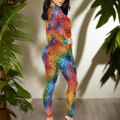 Unique Ostrich Skin pattern Rainbow Pride Women's Plunging Neck Jumpsuit