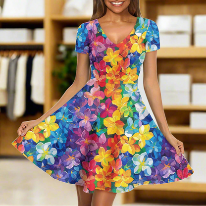 Rainbow Flowers Women V-Neck Short Sleeve Ruffle Dress