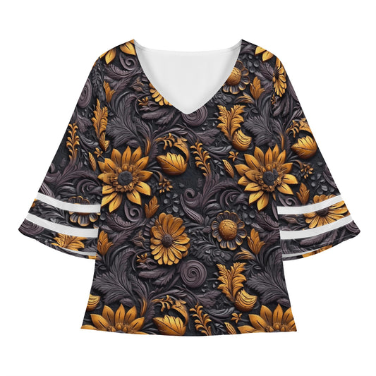 Gold Flowers Woodcut Women Puff Sleeve Blouse
