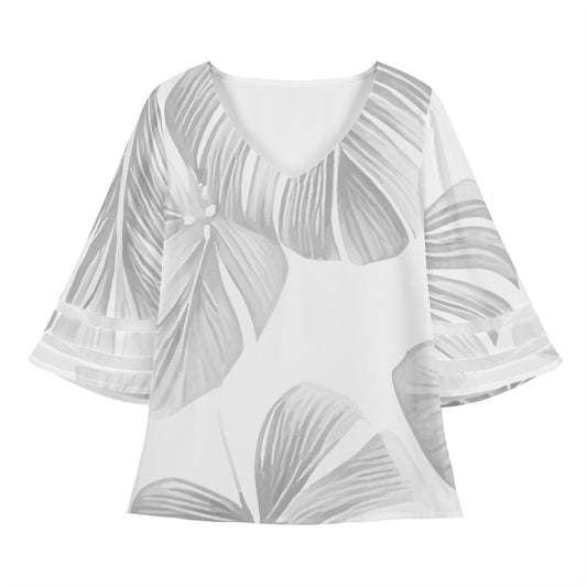 White Monstera Women Puff Sleeve Blouse