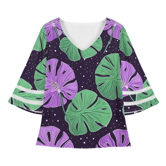 Monster Leaves on Starry Black Women Puff Sleeve Blouse