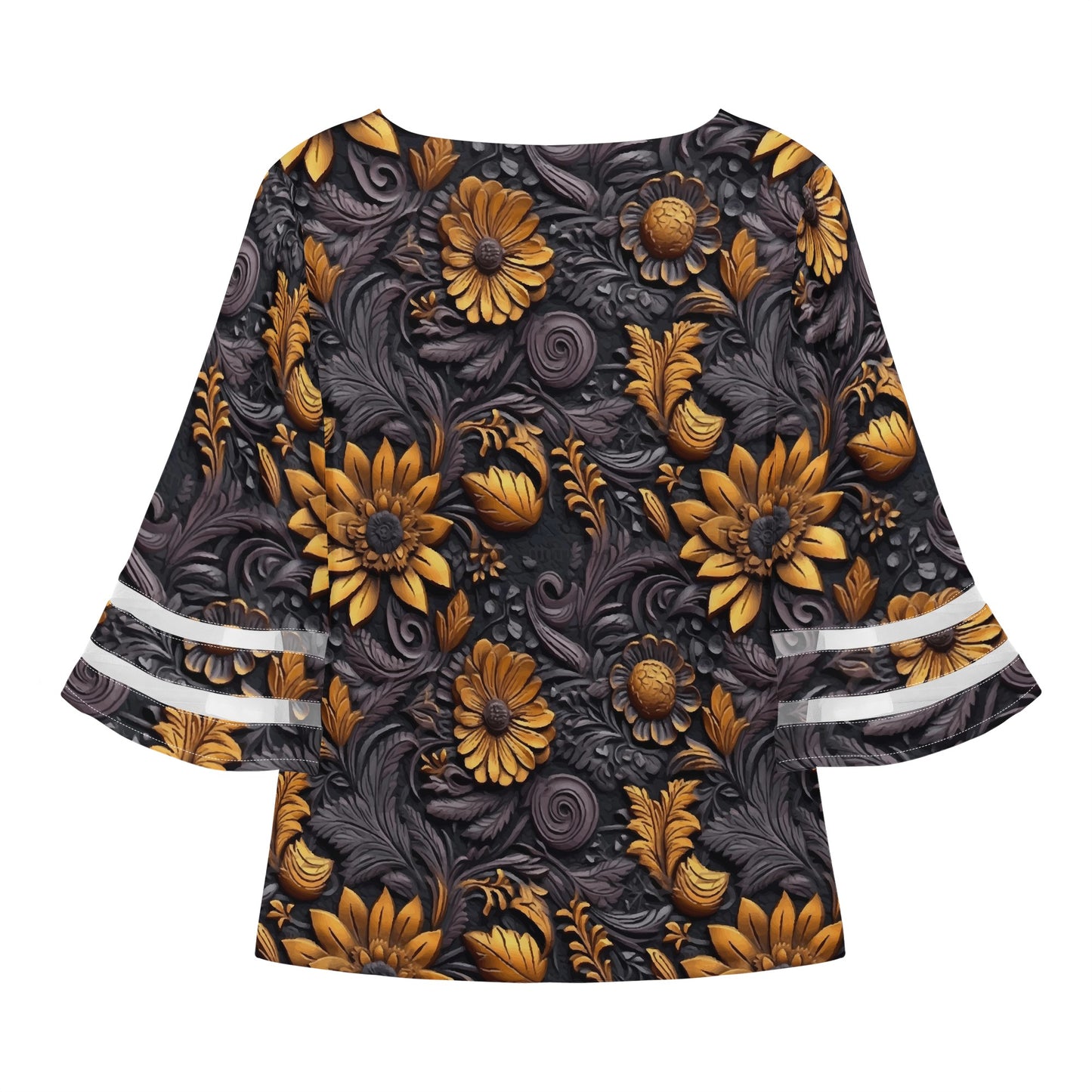 Gold Flowers Woodcut Women Puff Sleeve Blouse