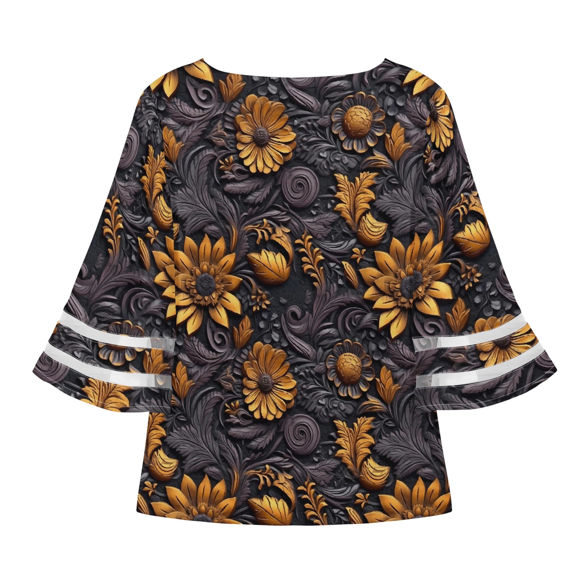 Gold Flowers Woodcut Women Puff Sleeve Blouse