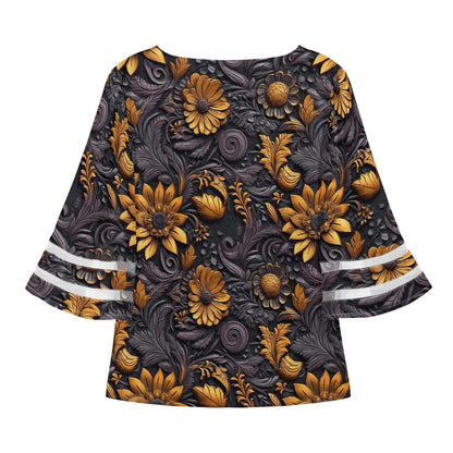 Gold Flowers Woodcut Women Puff Sleeve Blouse