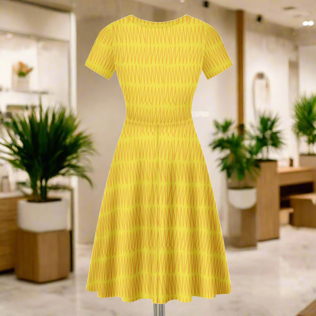 African Ethnic Yellow Mudcloth Women V-Neck Short Sleeve Ruffle Dress