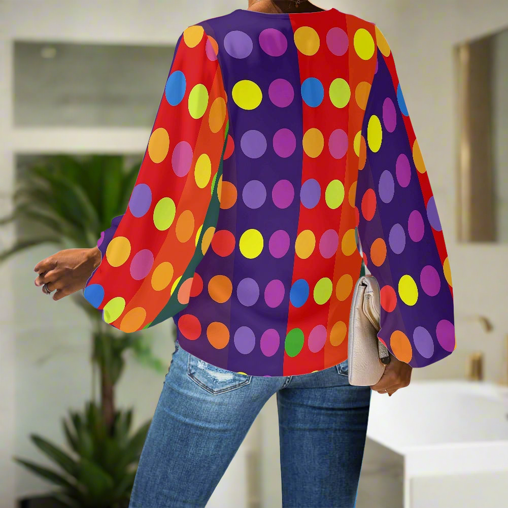Large Polka Dots on Large Stripes V-Neck Chiffon Puff Sleeve Blouse by Luxtrini