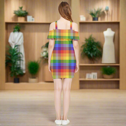 Rainbow Plaid Shoulder Frill Bodycon Summer Dress