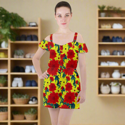 Red Flowers on Yellow Ruffle Cut Out Chiffon Playsuit