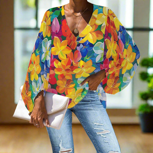 Vibrant Bauhaus Flower V-Neck Chiffon Puff Sleeve Blouse by Luxtrini