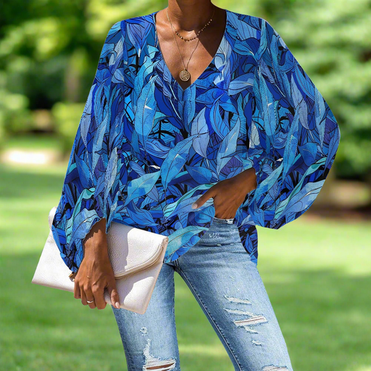 Infrared Marine View Leaf V-Neck Chiffon Puff Sleeve Blouse by Luxtrini