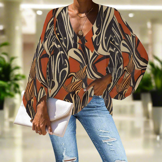 African Ethnic V-Neck Chiffon Puff Sleeve Blouse by Luxtrini
